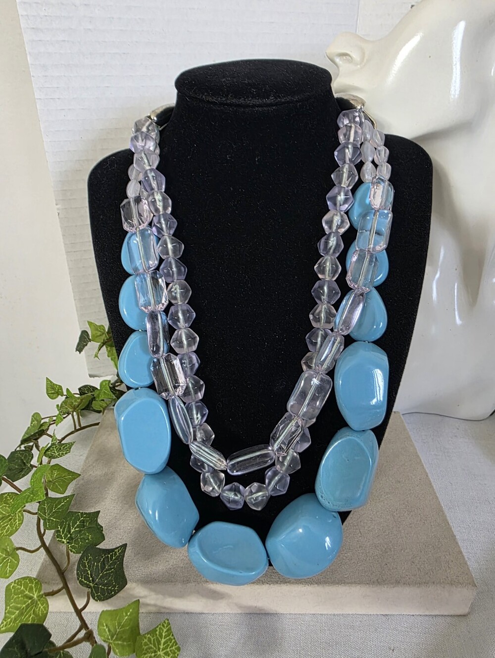 Statement Necklace Acrylic Multi-Strand Blue and Clear Stones